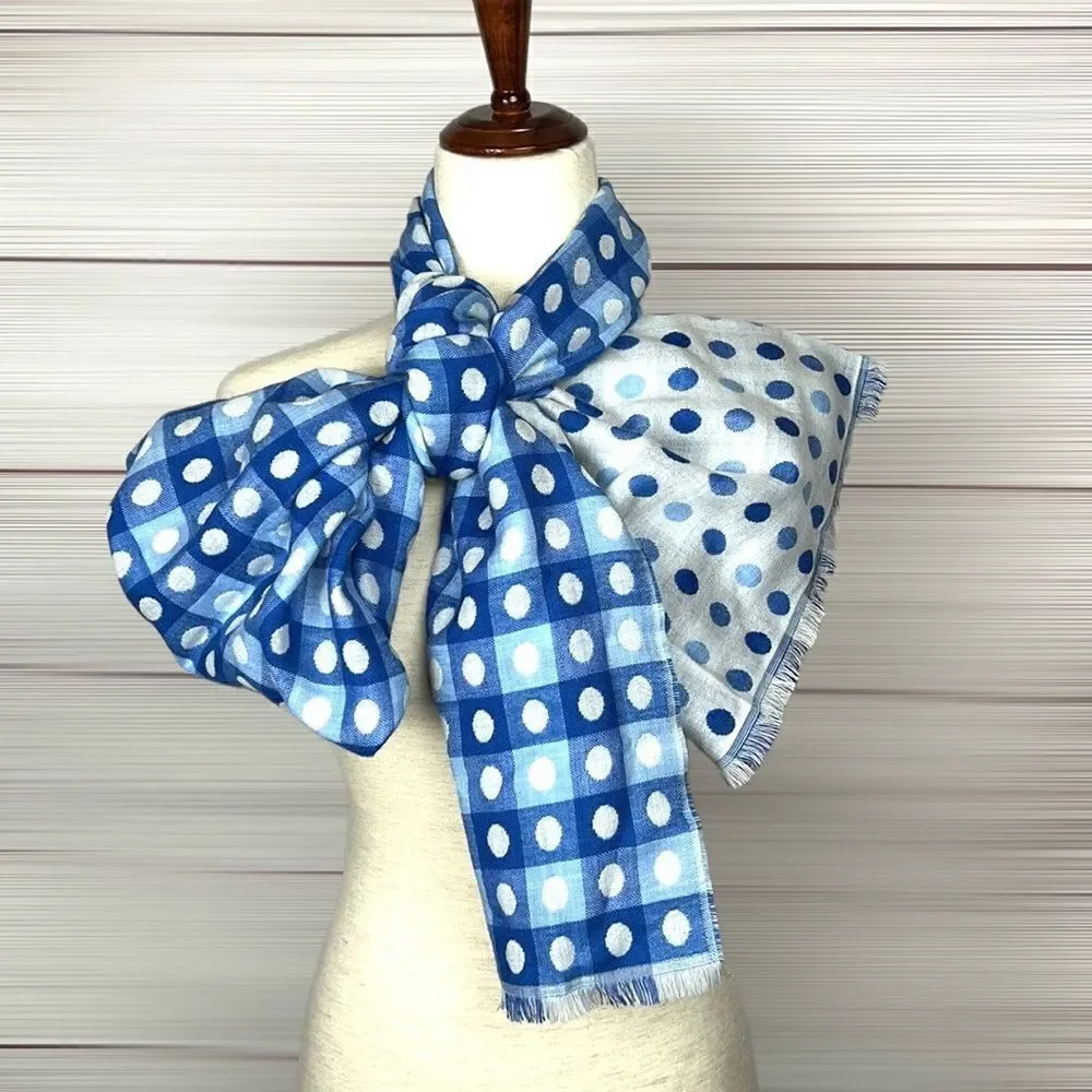 NWT TALBOTS Wool Blend Blue White Polka Dot Check Fringe Trim Wrap Scarf